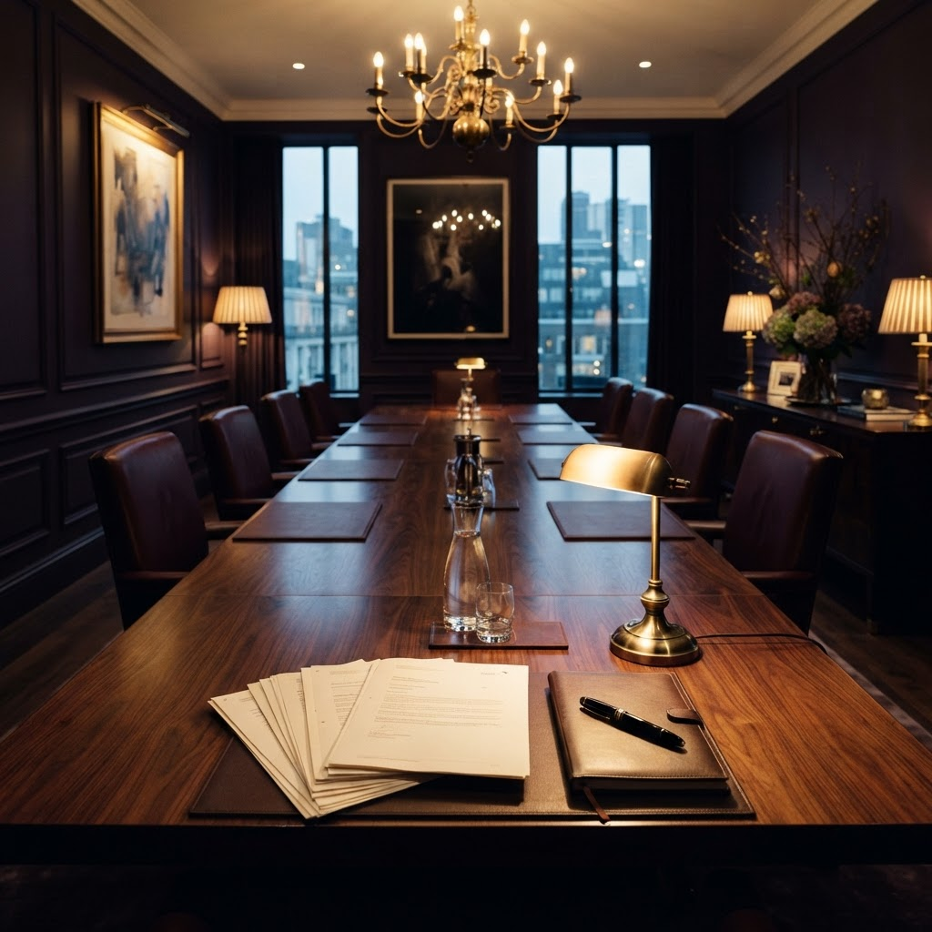Sala de reuniões elegante com mesa de madeira e documentos