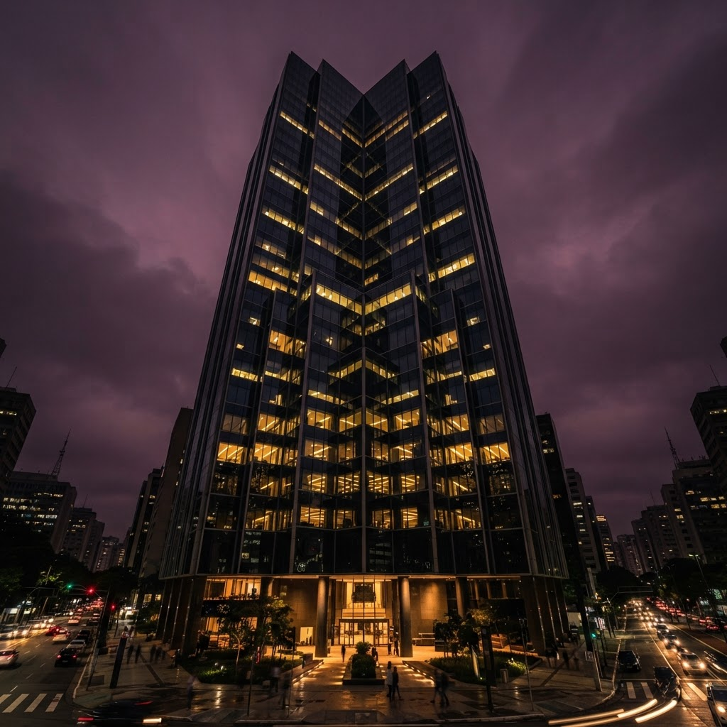 Torre de vidro de banco de investimentos ao anoitecer